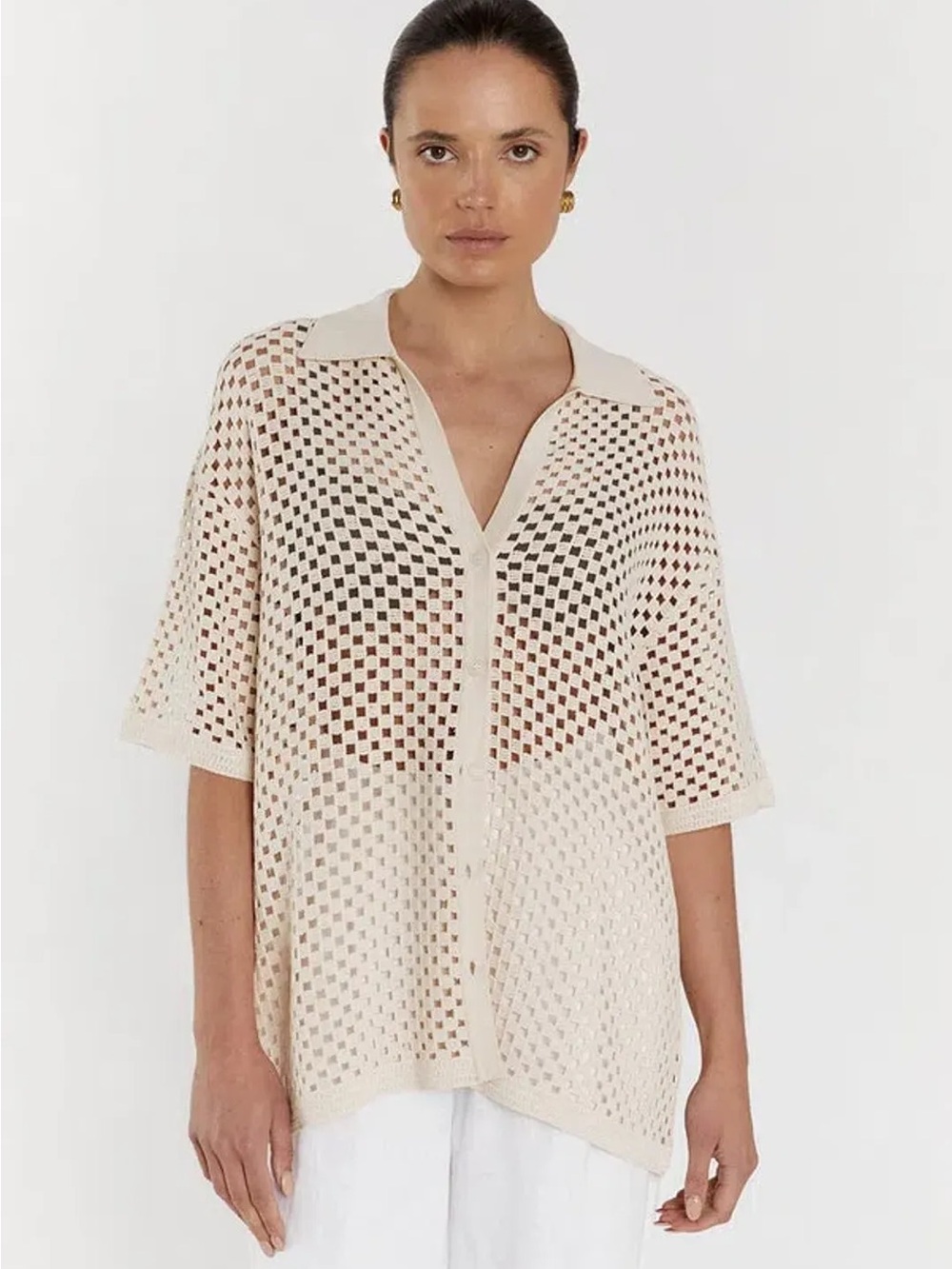 DISSH Sonny Crochet Shirt Natural Open Weave Button Front XS